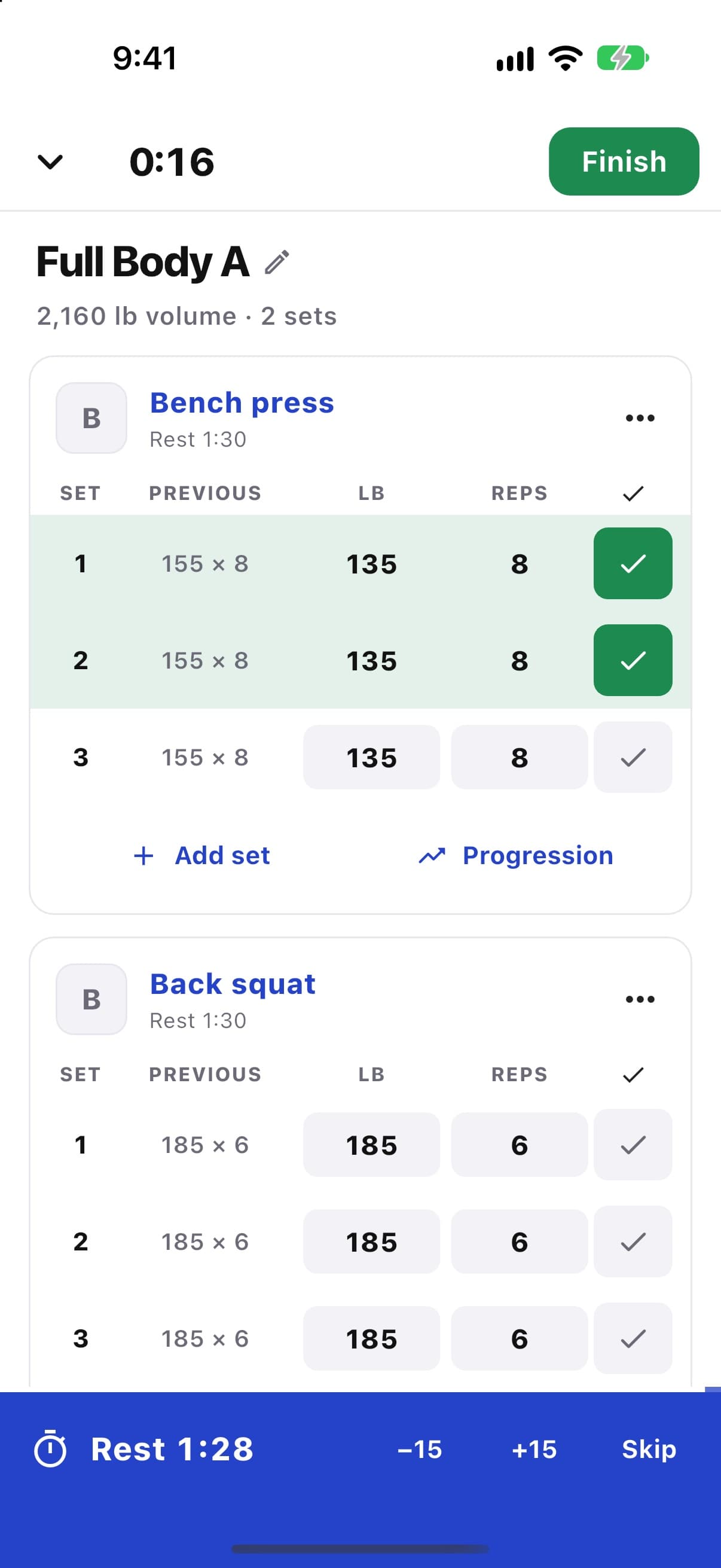 Logging a workout set by set with a rest timer